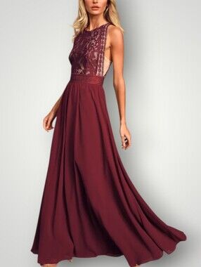 Lulus Forever and Always Burgundy Lace Maxi Dress Medium Wine Halter Bridesmaid‎